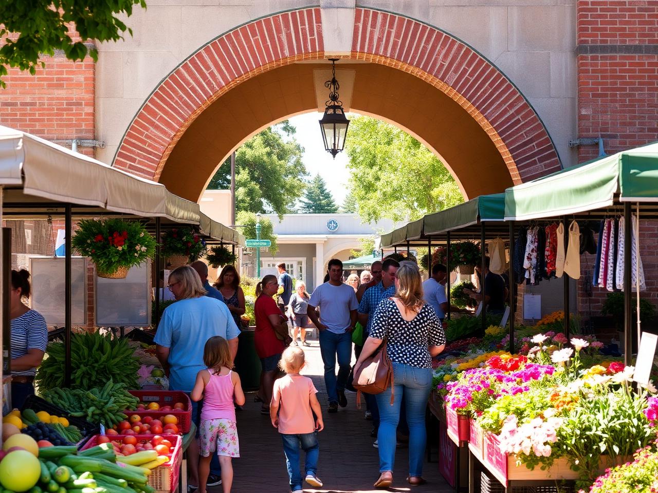 Neighbors browsing produce and flowers at the Uptown Linden farmers market under the historic archway.